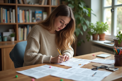 Jeune femme écrivant des notes pour un journal maison dans un salon lumineux