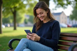 Jeune femme souriante utilisant une application éducative dans un parc urbain