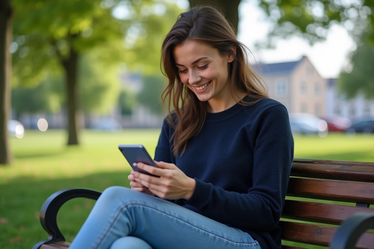 Jeune femme souriante utilisant une application éducative dans un parc urbain