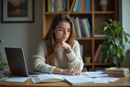 Jeune femme pensante à son bureau à la maison