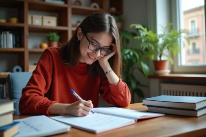 Jeune femme en sweater rouge écrit en français