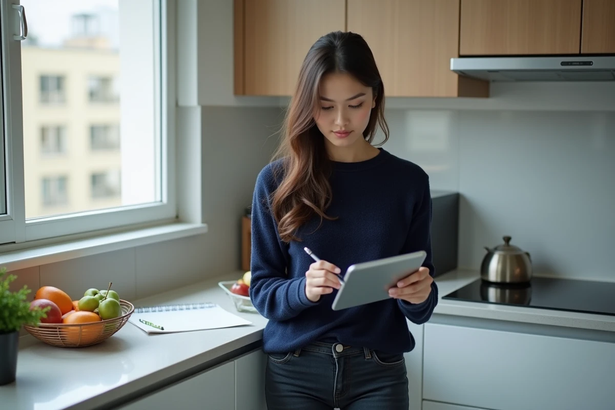 Jeune femme préparant rapidement une lettre de motivation sur tablette dans sa cuisine moderne