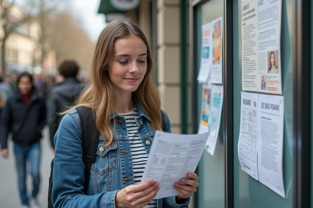 Jeune femme regardant un emploi du temps devant le panneau d
