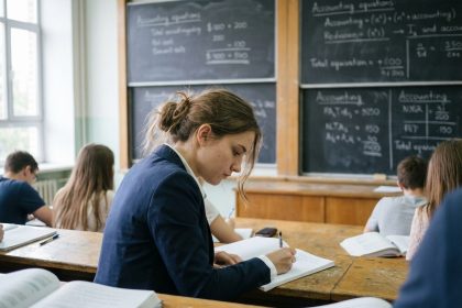 Jeune femme en blazer navy note en classe université