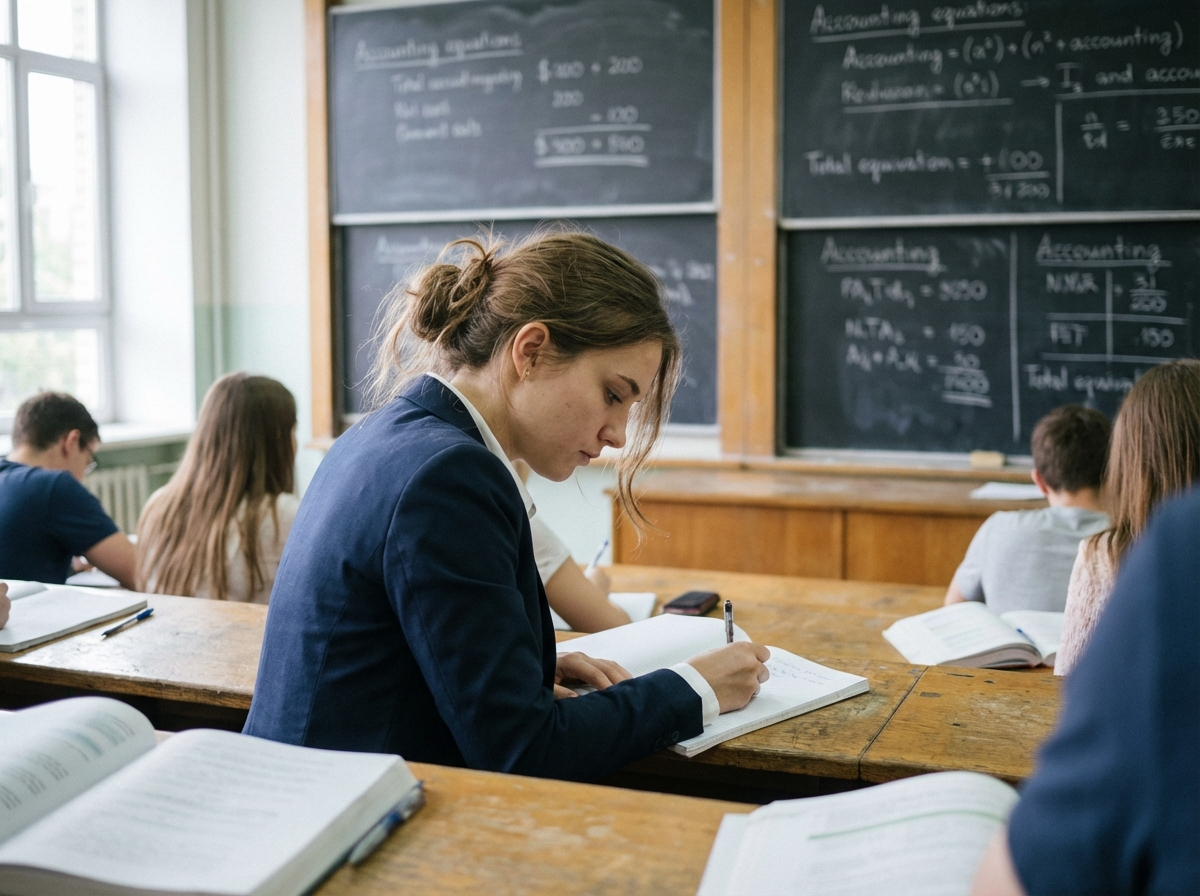 Jeune femme en blazer navy note en classe université
