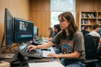 Jeune femme concentrée à son poste d'édition en classe moderne