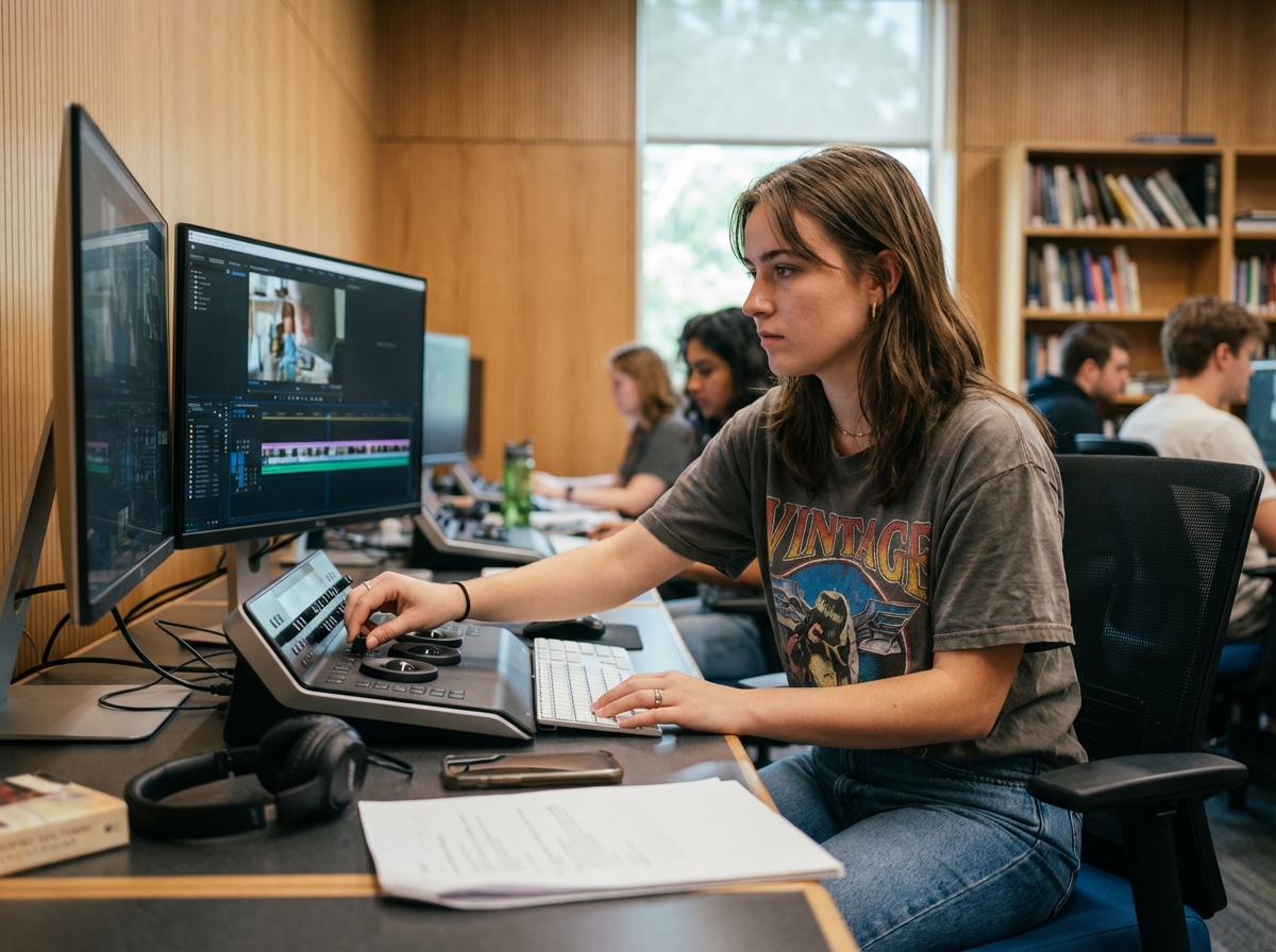 Jeune femme concentrée à son poste d'édition en classe moderne