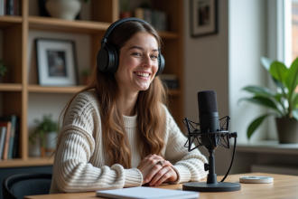 Jeune femme souriante parlant dans un micro de podcast à la maison