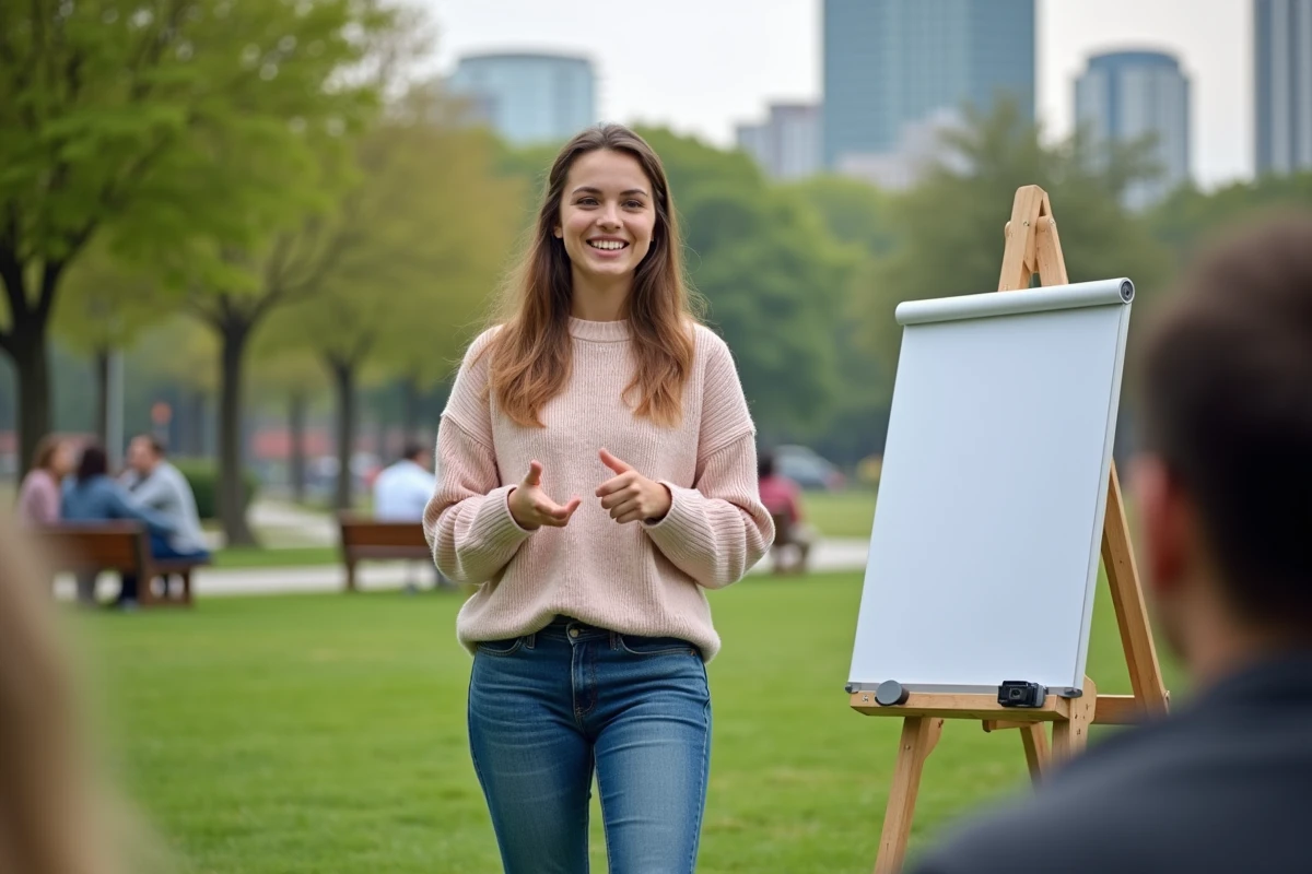 Jeune femme présentant son projet en extérieur dans un parc