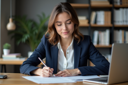 Jeune femme en blazer écrivant un CV à la main dans un bureau