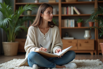 Jeune femme assise en réflexion dans un espace calme