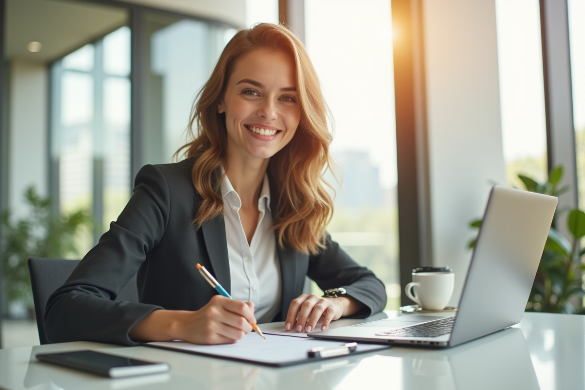 Jeune femme professionnelle signant un contrat dans un bureau lumineux