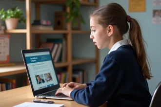 Jeune fille de 14 ans concentrée sur son ordinateur dans sa chambre