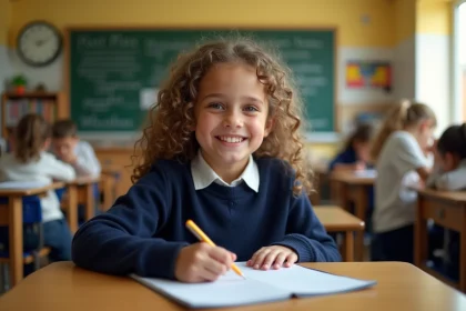 Jeune fille de 10 ans écrit en classe dans un bureau en bois