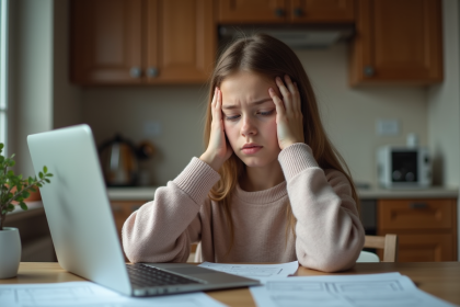 Jeune fille adolescente frustrée à la maison avec ordinateur
