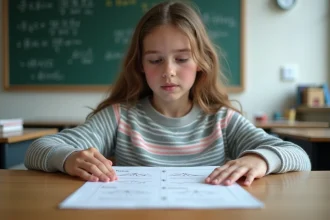 Jeune fille en pull rayé étudie une fiche de maths
