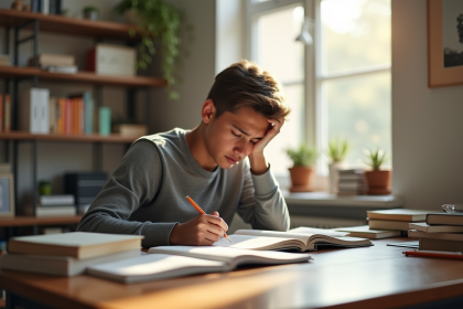 Jeune homme stressé à son bureau avec livres et notes
