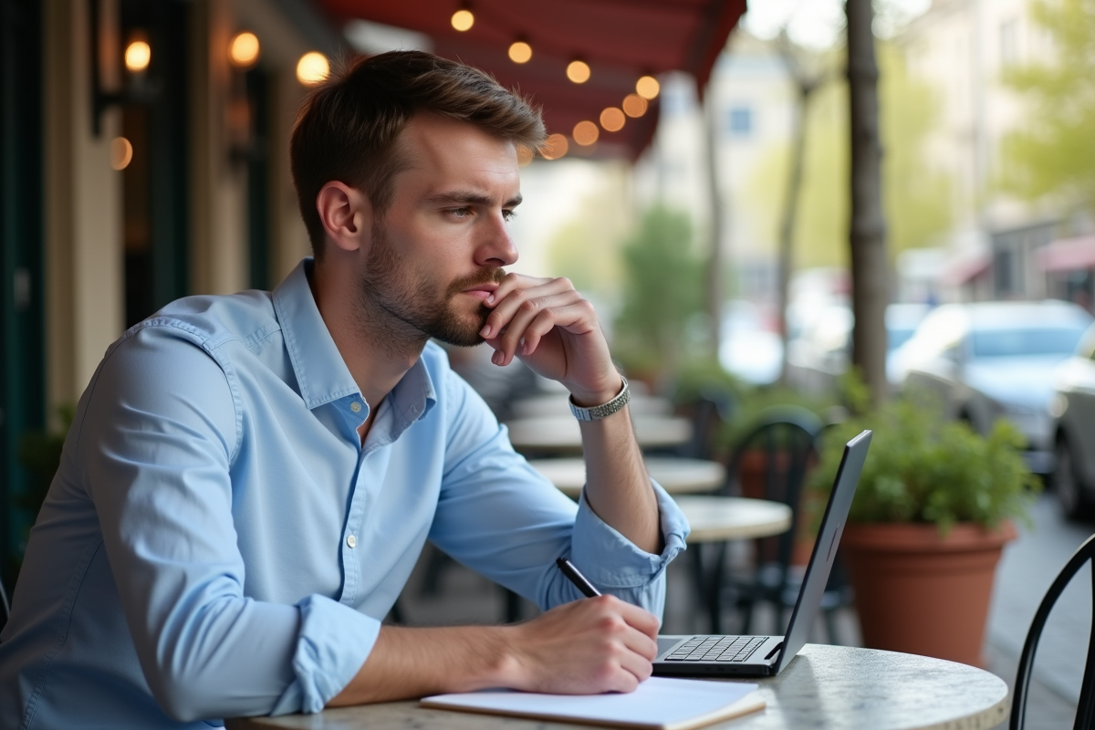 Jeune homme au café en train de travailler sur son plan de communication