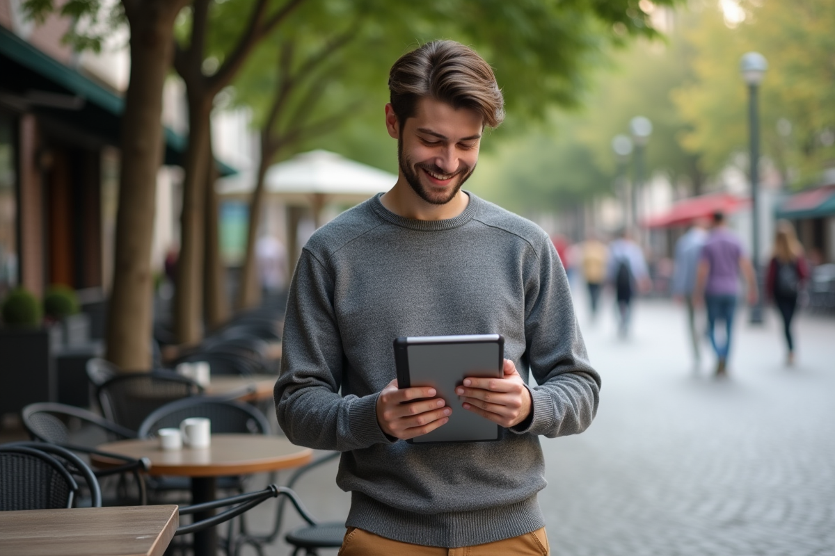 Jeune homme souriant utilisant une tablette en extérieur