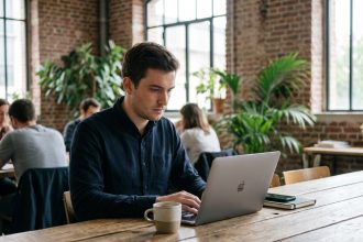 Jeune homme en smartcasual travaillant sur son ordinateur à Nantes