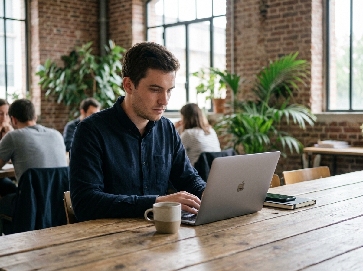 Jeune homme en smartcasual travaillant sur son ordinateur à Nantes