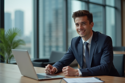 Jeune homme d'affaires confiant dans une salle de réunion moderne