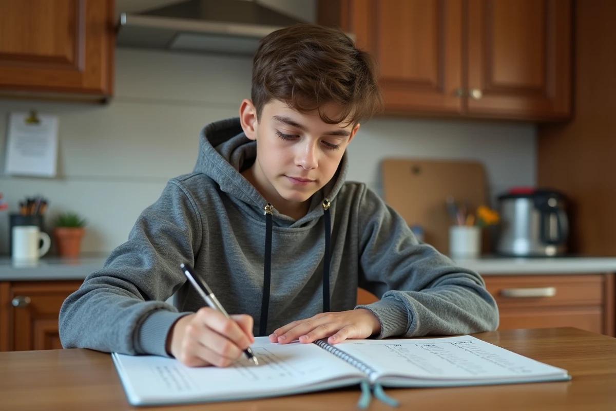 Adolescent faisant ses devoirs de français à la maison