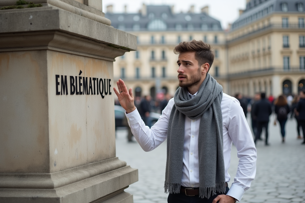 Jeune homme français contemplant monument parisien