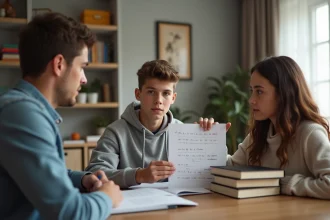 Adolescent expliquant des coefficients à ses parents dans un salon