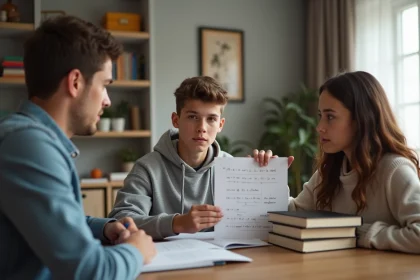 Adolescent expliquant des coefficients à ses parents dans un salon