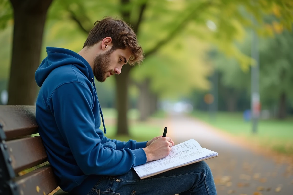 Jeune homme en hoodie bleu étudie vectoriel en plein air