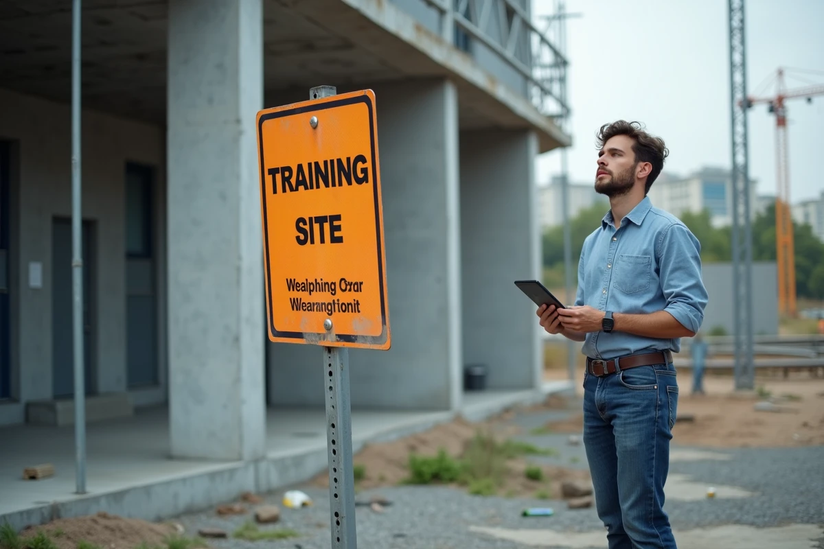Jeune homme avec tablette sur site de construction