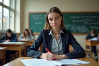 Jeune professeure débutante révisant ses plans de cours dans une salle de classe française