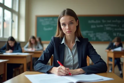 Jeune professeure débutante révisant ses plans de cours dans une salle de classe française