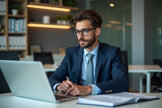 Jeune homme en costume dans un bureau moderne
