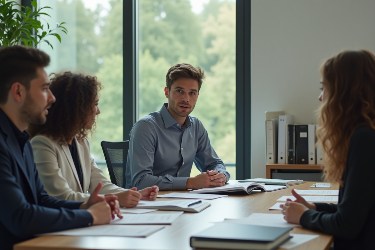 Jeune professionnel expliquant un concept à ses collègues