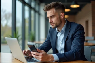 Jeune homme professionnel utilisant son smartphone au bureau