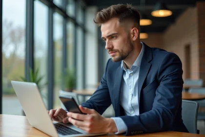 Jeune homme professionnel utilisant son smartphone au bureau