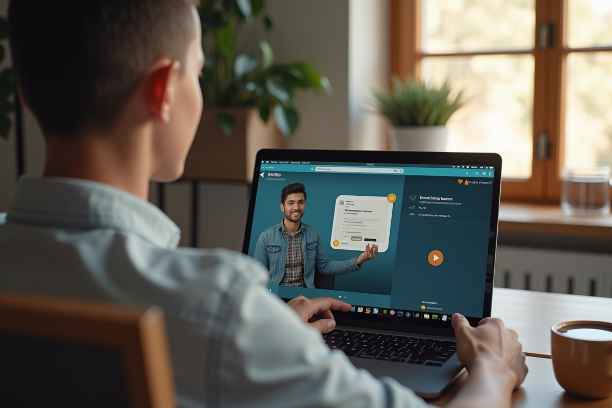Jeune professionnel à domicile suivant une formation en ligne sur son ordinateur