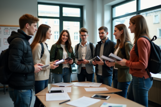 Groupe de lycéens français en discussion en classe