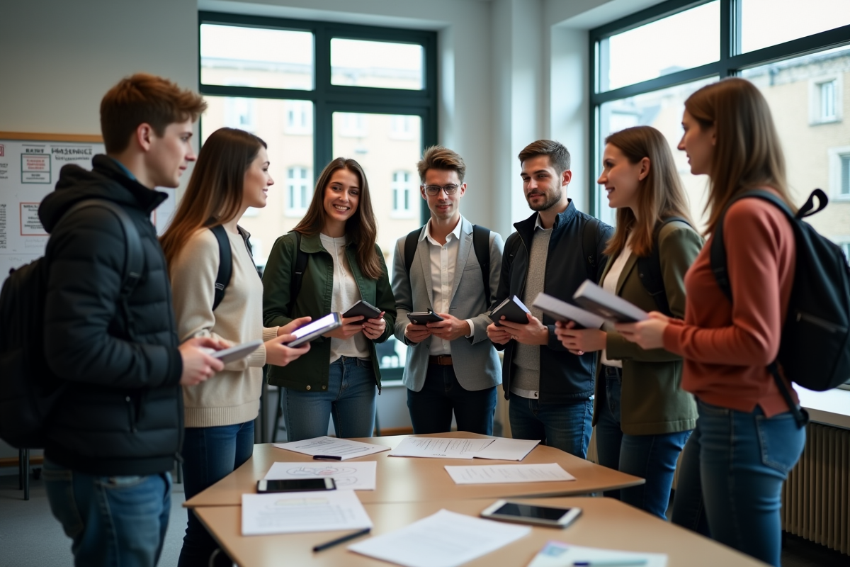 Groupe de lycéens français en discussion en classe