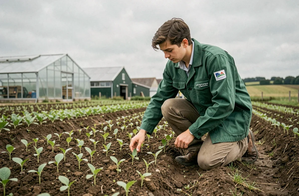 Étudiant du Lycée AgroCampus La Germinière examinant des cultures dans les champs expérimentaux du domaine agricole