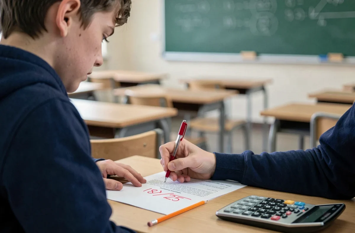 Lycéen consultant une copie notée sur 25 avec une calculatrice pour convertir sa note sur 20