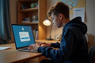 Lycéen créant son compte PSN MonLycée sur un ordinateur portable dans sa chambre