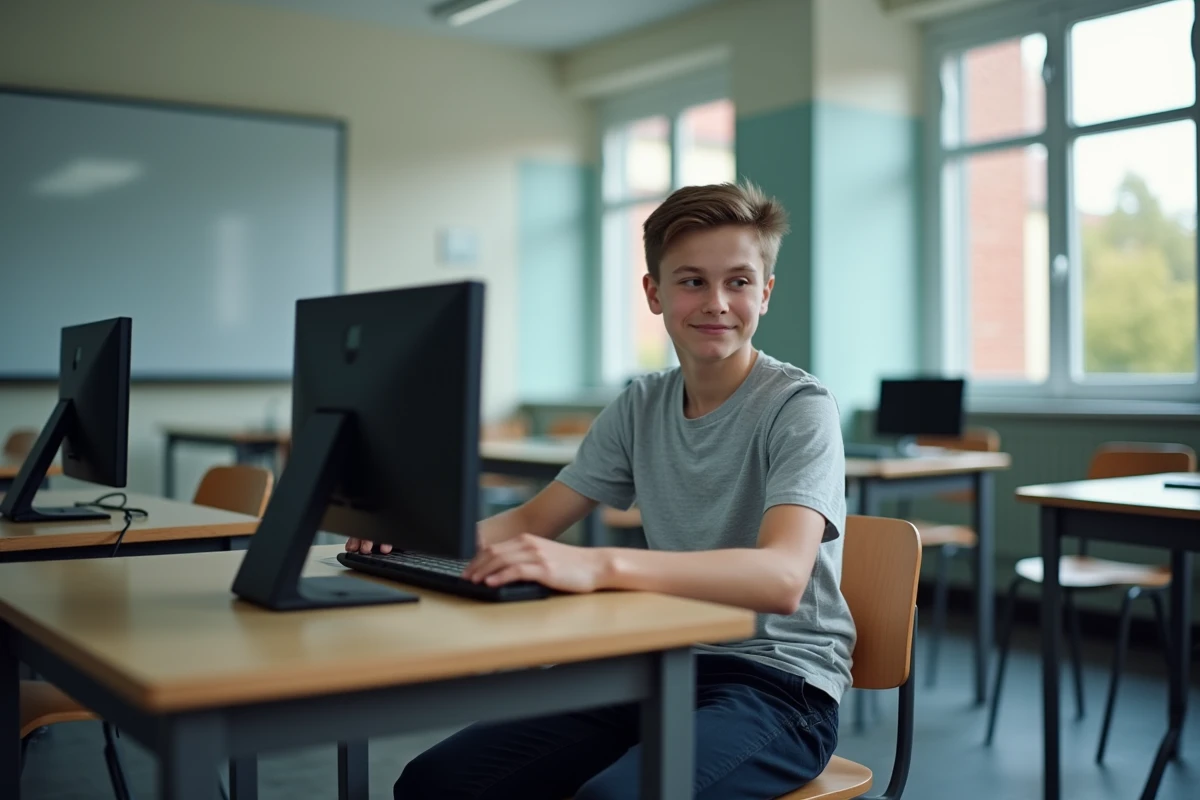 Lycéen passant un examen blanc ASSR 2 sur ordinateur dans une salle de classe calme