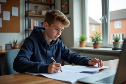 Adolescent révisant pour l'ASSR 2 à son bureau avec des fiches de code de la route et un ordinateur portable