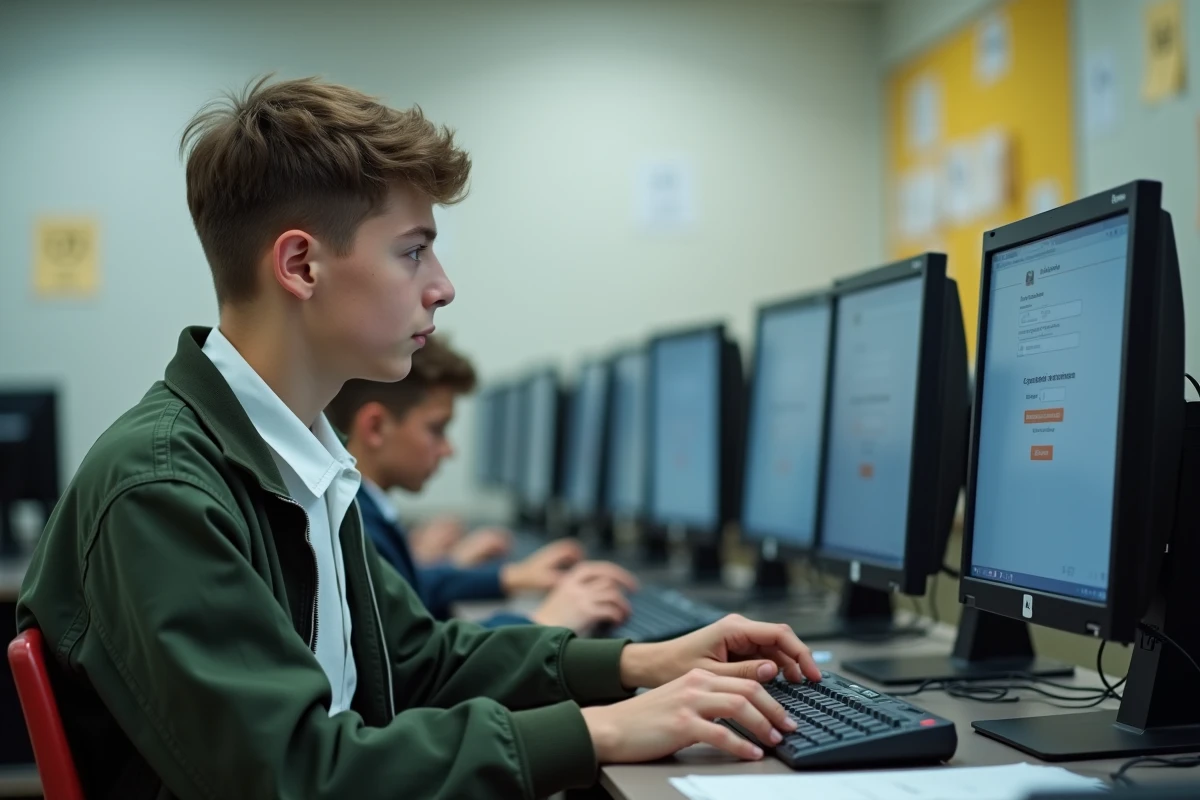 Lycéen en salle informatique activant son compte PSN MonLycée sur un ordinateur de bureau