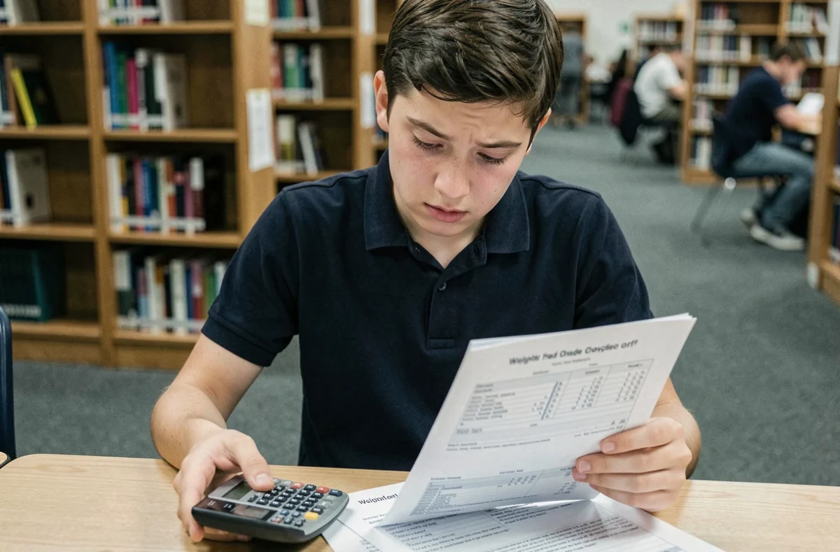 Lycéen consultant son bulletin de notes en vérifiant le calcul de sa moyenne pondérée à la bibliothèque