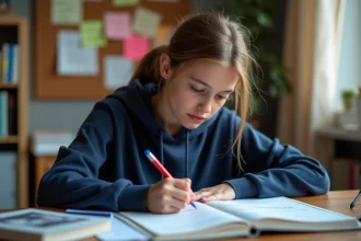 Lycéenne qui révise les connecteurs logiques dans son cahier de français avant le Bac