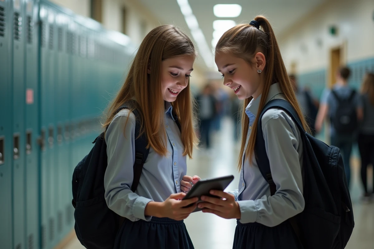 Deux lycéennes consultent des exercices de préparation à l'ASSR 2 sur une tablette dans un couloir de lycée
